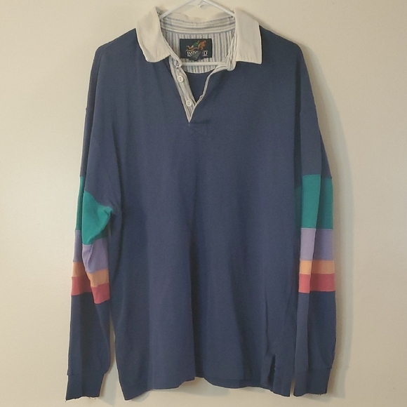 Vintage Lands End Mens Longsleeve Polo Size Medium Cotton Rugby Style Navy - Picture 1 of 11